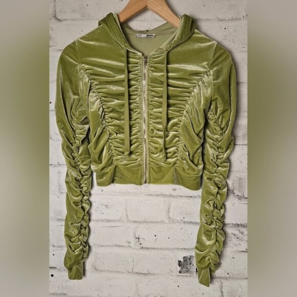 Fashion Nova Olive Green Cropped Ruched Velvet Zip-Up Hoodie - Picture 2 of 9